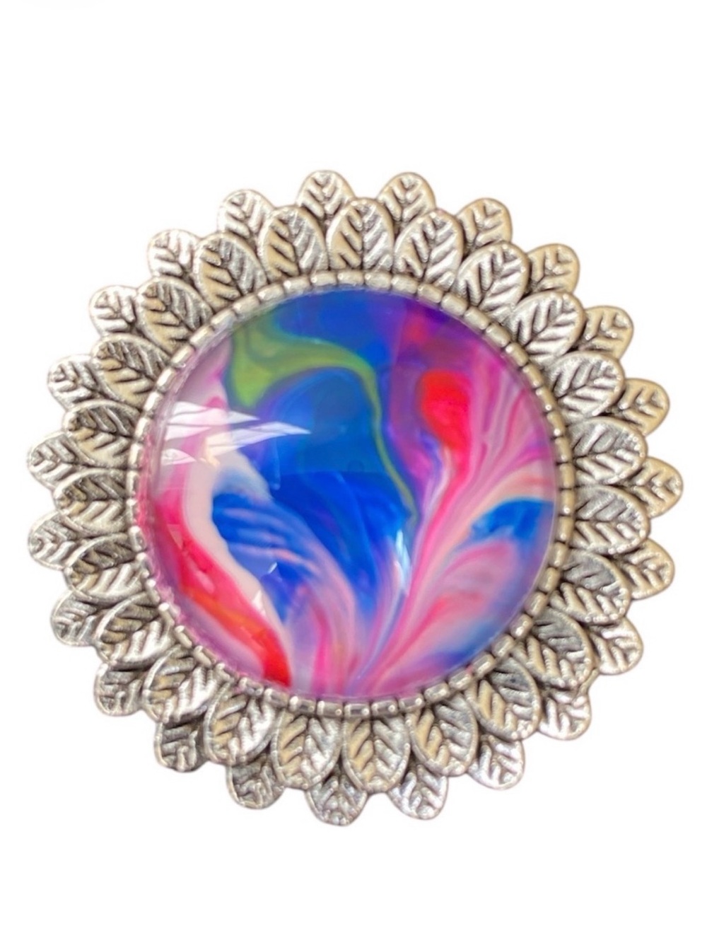 Hand Crafted Pink Blue Fluid Art Acrylic Pour Brooch Silver Tone Leaf Border